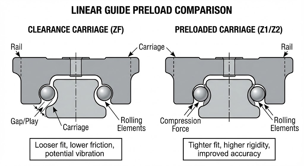 the difference between a Clearance carriage and a Preloaded carriage